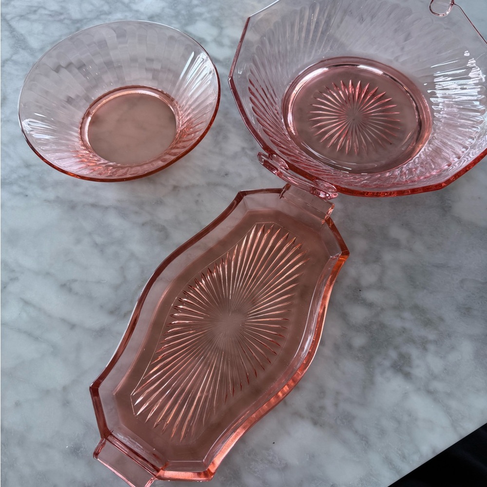 Vintage Pink Glass Serving Bowl & Tray Set - Elegant Home Dining